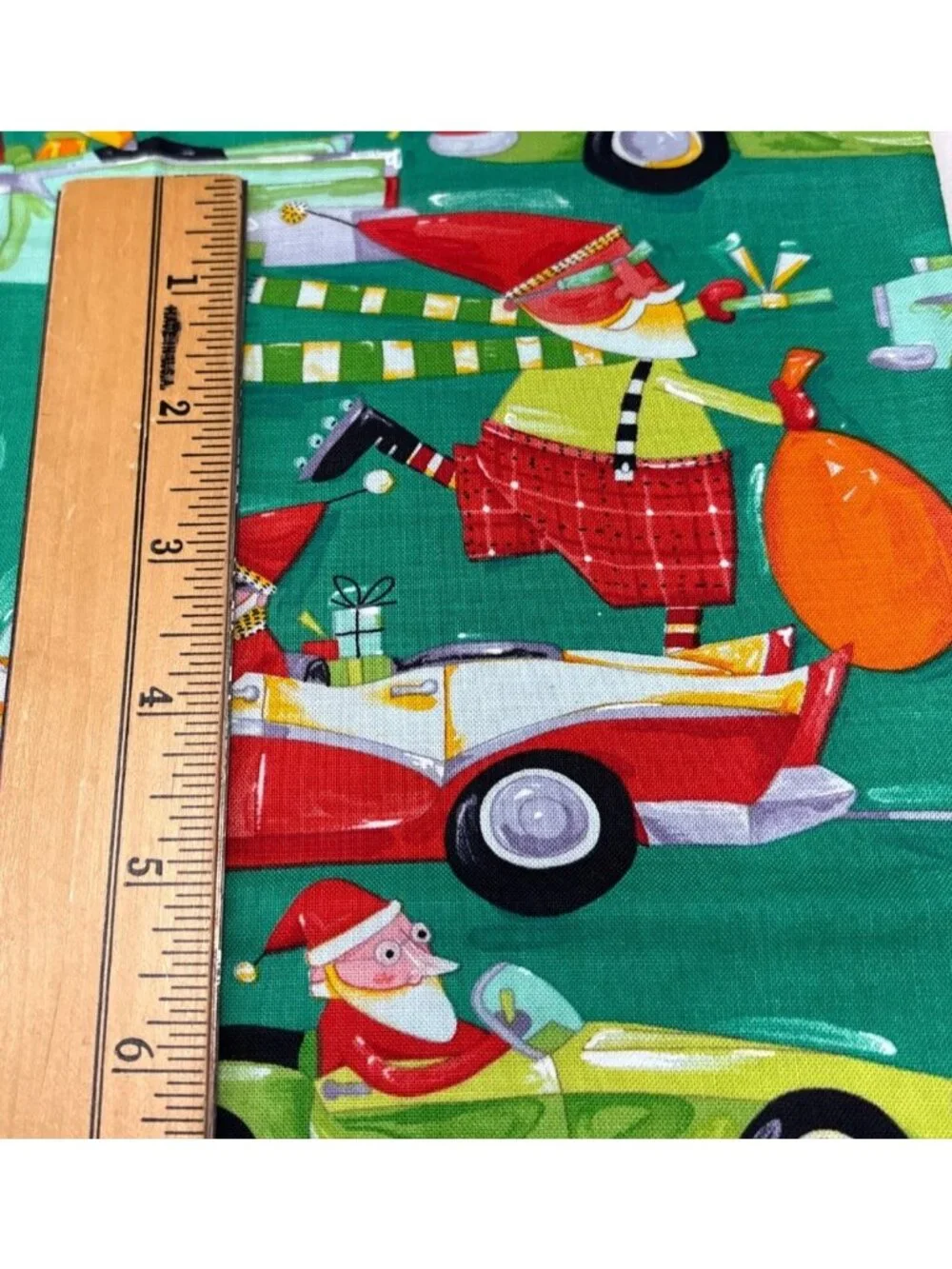 Christmas Santa Cars Cotton Fat Quarter Fabric 18x22 Festive Green Holiday Print